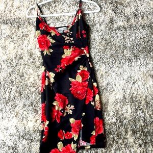 Black asymmetrical LBD with red flowers, never worn!